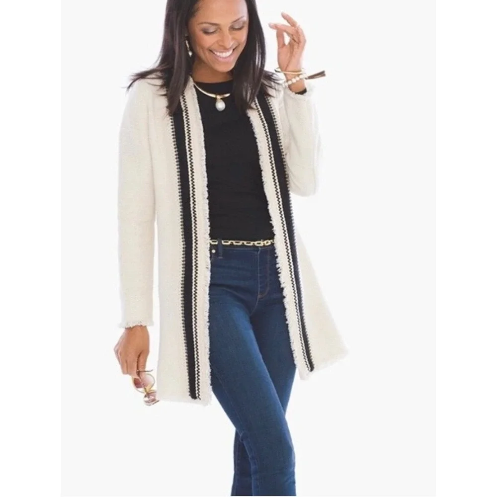 Chicos Fringe Tweed Cardigan Cream Open‎ Front Longline Sweater Size 1